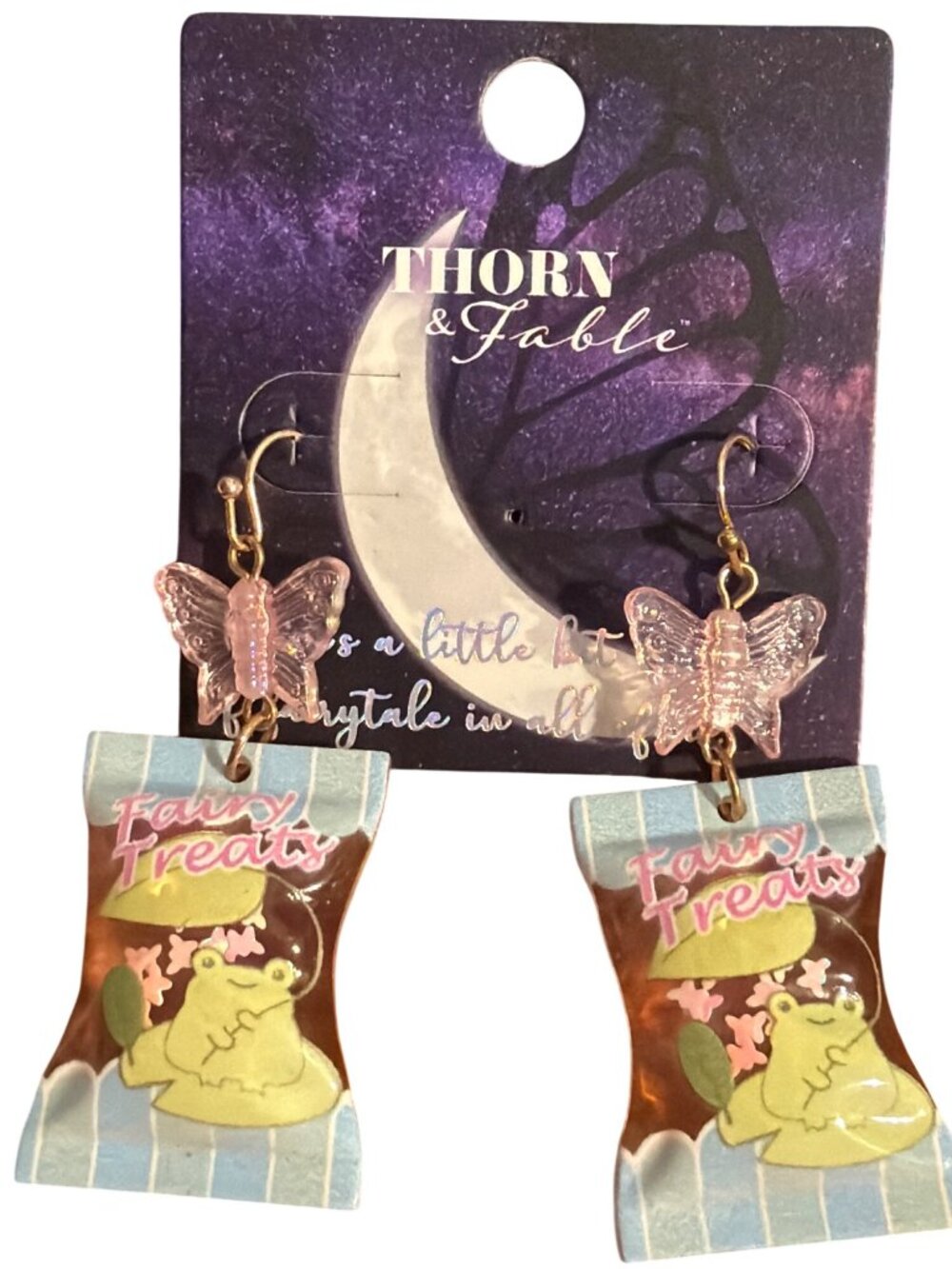 Thorn & Fable Fairy Treats Dangle Earrings Frog Butterfly Nickel Free 2.5" New